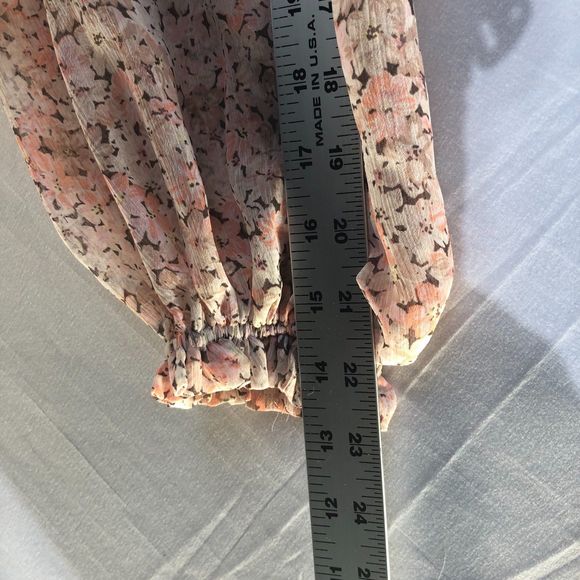 Pink & White Floral Tiered Chiffon Crêpe Puff Sleeve Flowly Mini Dress Ruffle M - Picture 6 of 8